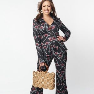 NWOT Size XS/2 Unique Vintage Black and Burgundy Floral Top Only-No Pants - 551